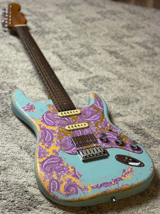 Dhatarattha Classic DST HSS in Daphne Blue over Purple Paisley with Rosewood FB and Nitrocellulose Lacquer Relic and Flame Neck
