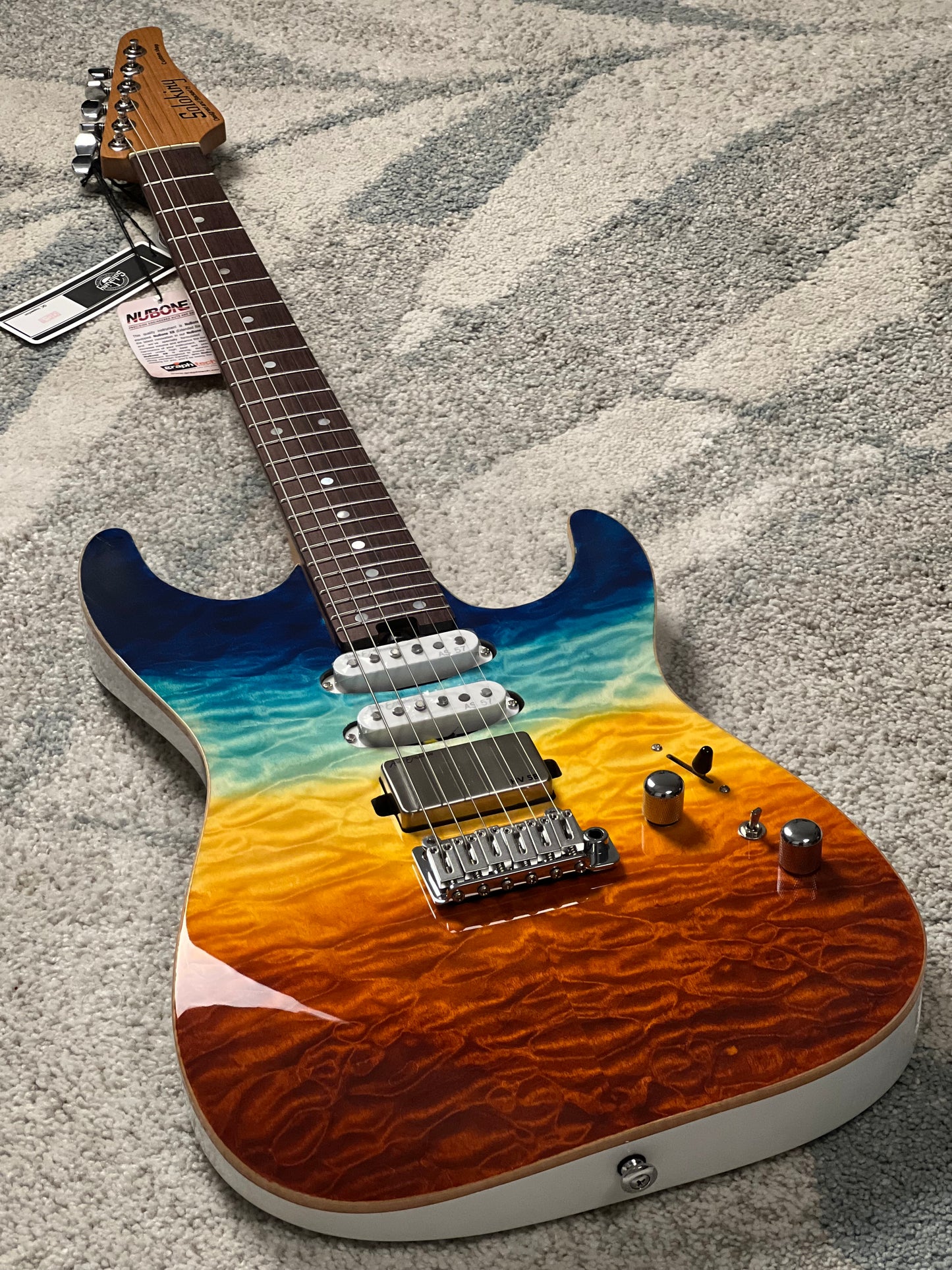 Soloking MS-1 Custom 24 HSS Quilt with Rosewood FB in Beach Sunset Surf Fade JESCAR