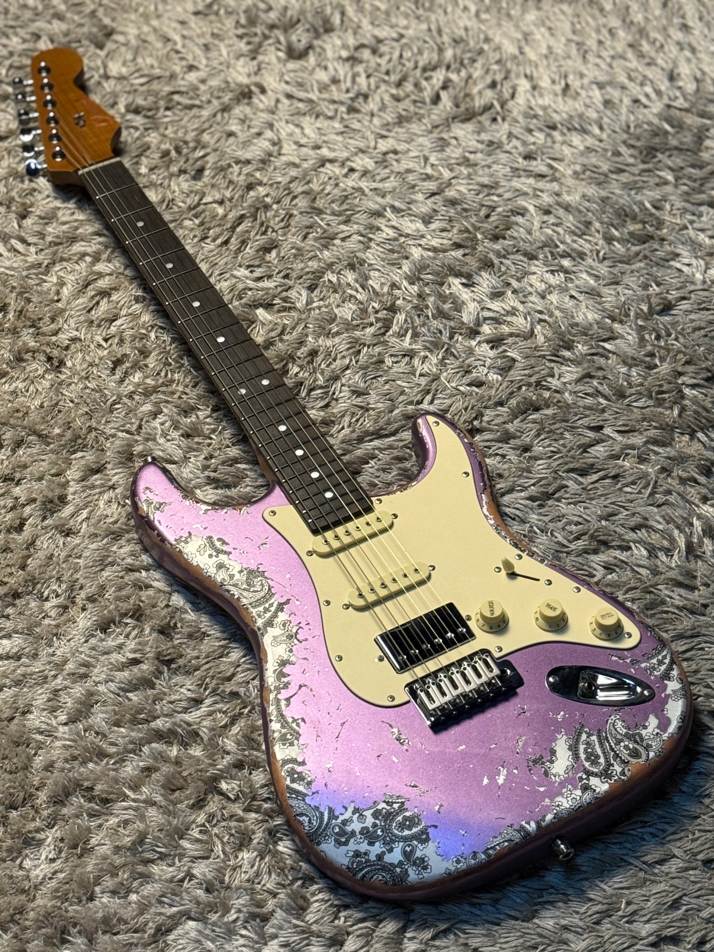 Dhatarattha Classic DST HSS in Violet Purple over Black Paisley with Rosewood FB and Nitrocellulose Lacquer Relic