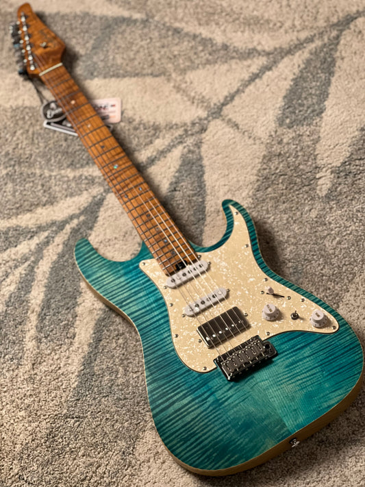 Soloking MS-1 Classic Flat Top FMN Roasted Flame Maple Neck in Jeans Pacific Blue Limited Edition JESCAR