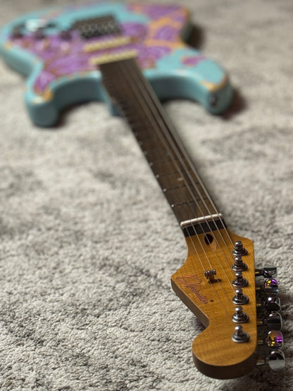 Dhatarattha Classic DST HSS in Daphne Blue over Purple Paisley with Rosewood FB and Nitrocellulose Lacquer Relic and Flame Neck