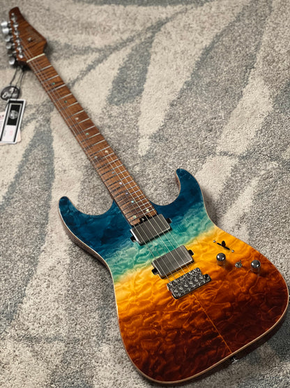 Soloking MS-1 Custom 24 HH Quilt Top FMN VT Roasted Flame Maple Neck in Beach Sunset Surf Fade JESCAR