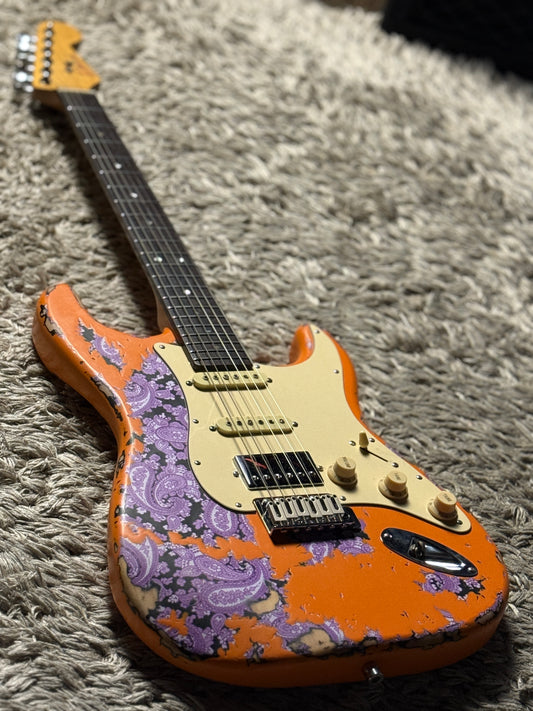 Dhatarattha Classic DST HSS in Capri Orange over Purple Paisley with Rosewood FB and Nitrocellulose Lacquer Relic