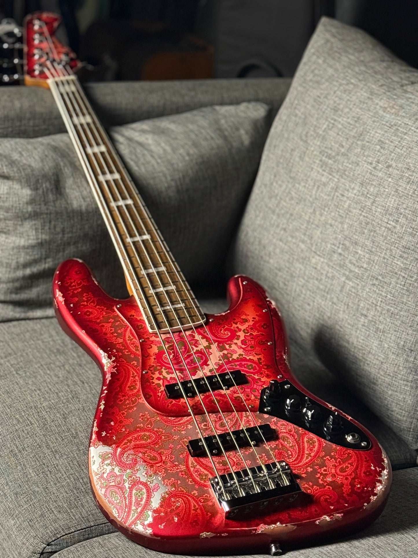 Dhatarattha Custom DEB 5 String Bass in Pink Paisley with RW FB and Nitrocellulose Lacquer Relic