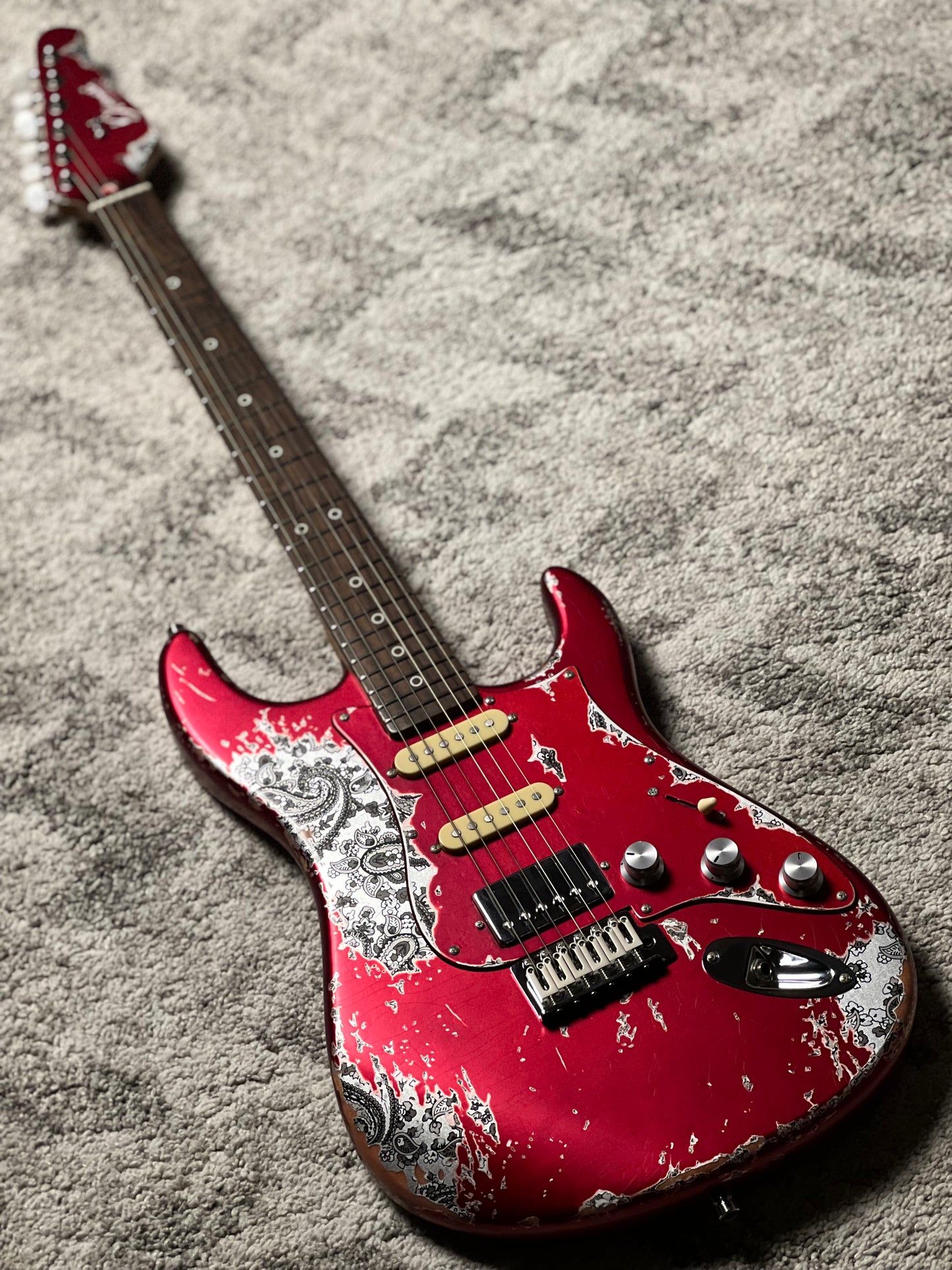 Dhatarattha Performance DST HSS in Candy Apple Red over Black Paisley with RW FB and Nitrocellulose Lacquer Relic