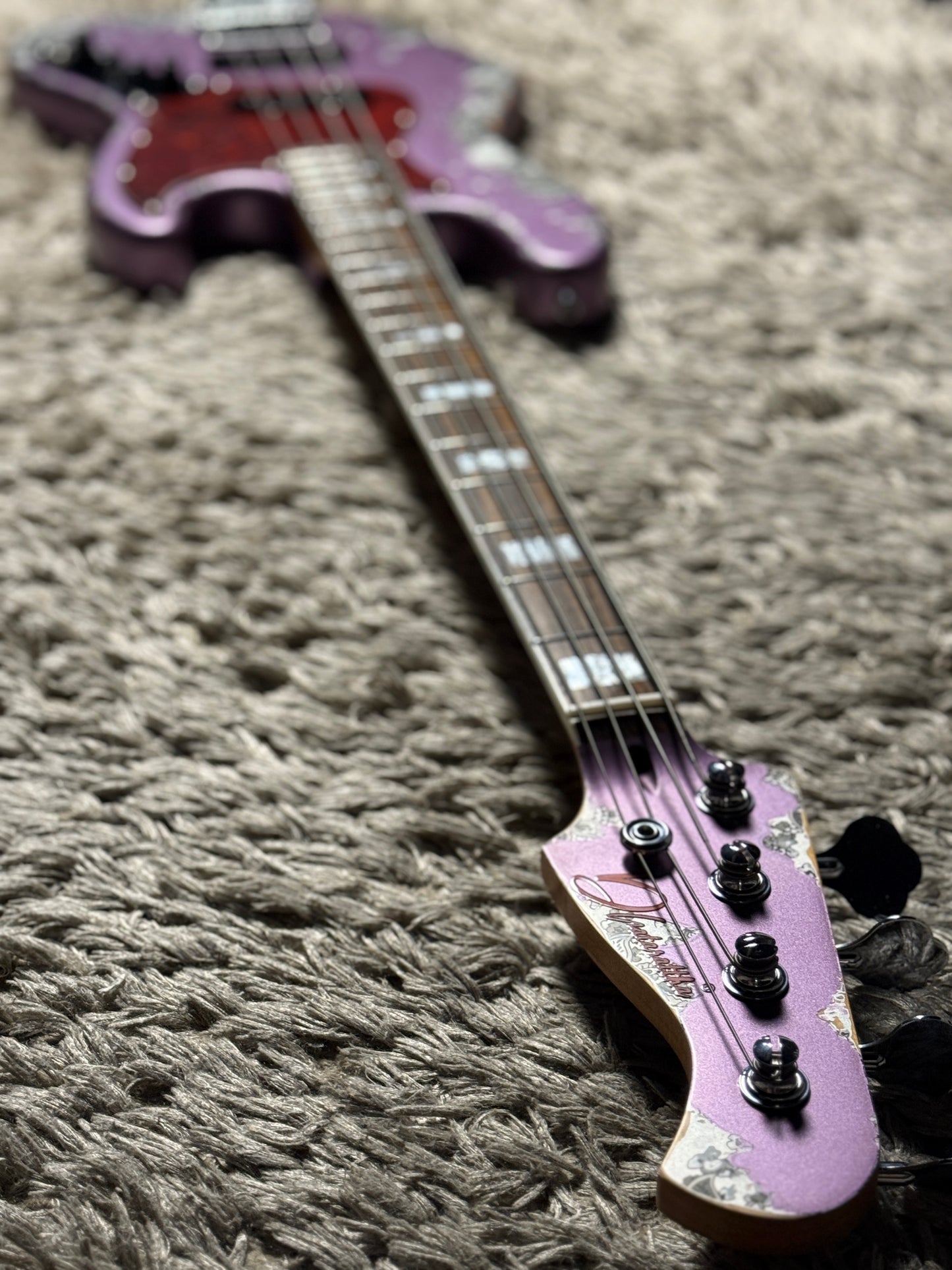 Dhatarattha Custom DEB 4 String Bass in Violet Purple over Black Paisley with RW FB with Nitrocellulose Lacquer Relic