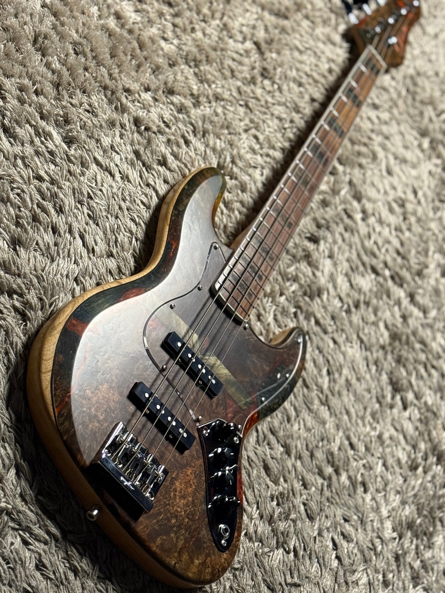 Dhatarattha Custom DEB 4 String Bass in Buckeye Burl Top and Ash Back