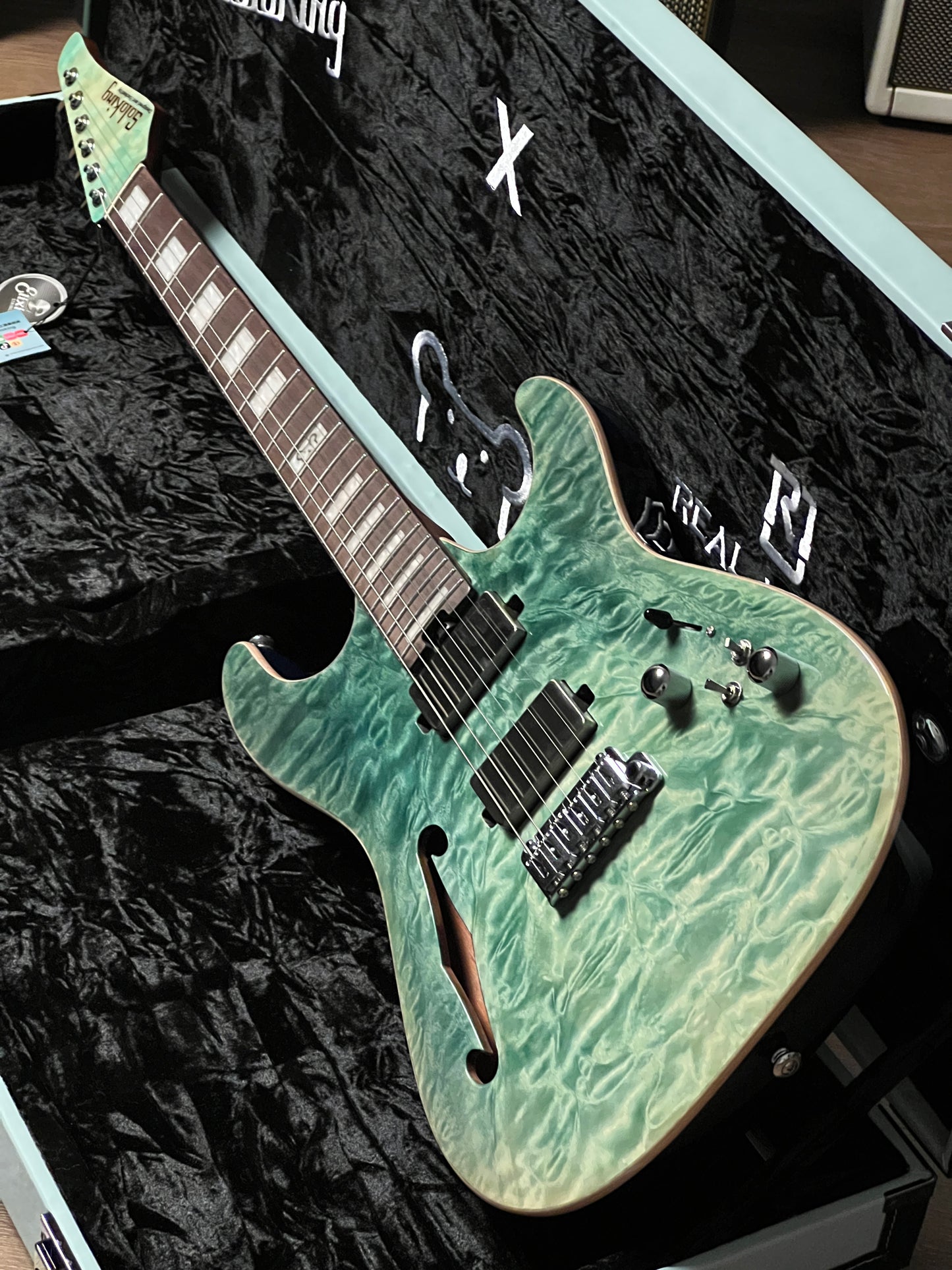 Soloking MS-1 Custom 24 HH Thinline Elite in Turquoise Wakesurf Limited Edition with Hardshell Case