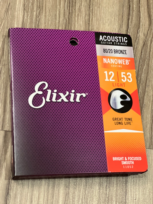 Elixir 11052 Nanoweb 80/20 Bronze Acoustic Guitar Strings, Light, 12-53