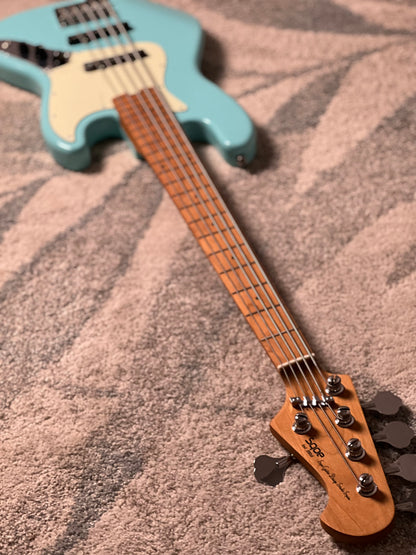 SQOE SJB650 Roasted Maple Series 5 String Bass in Vintage Sonic Blue