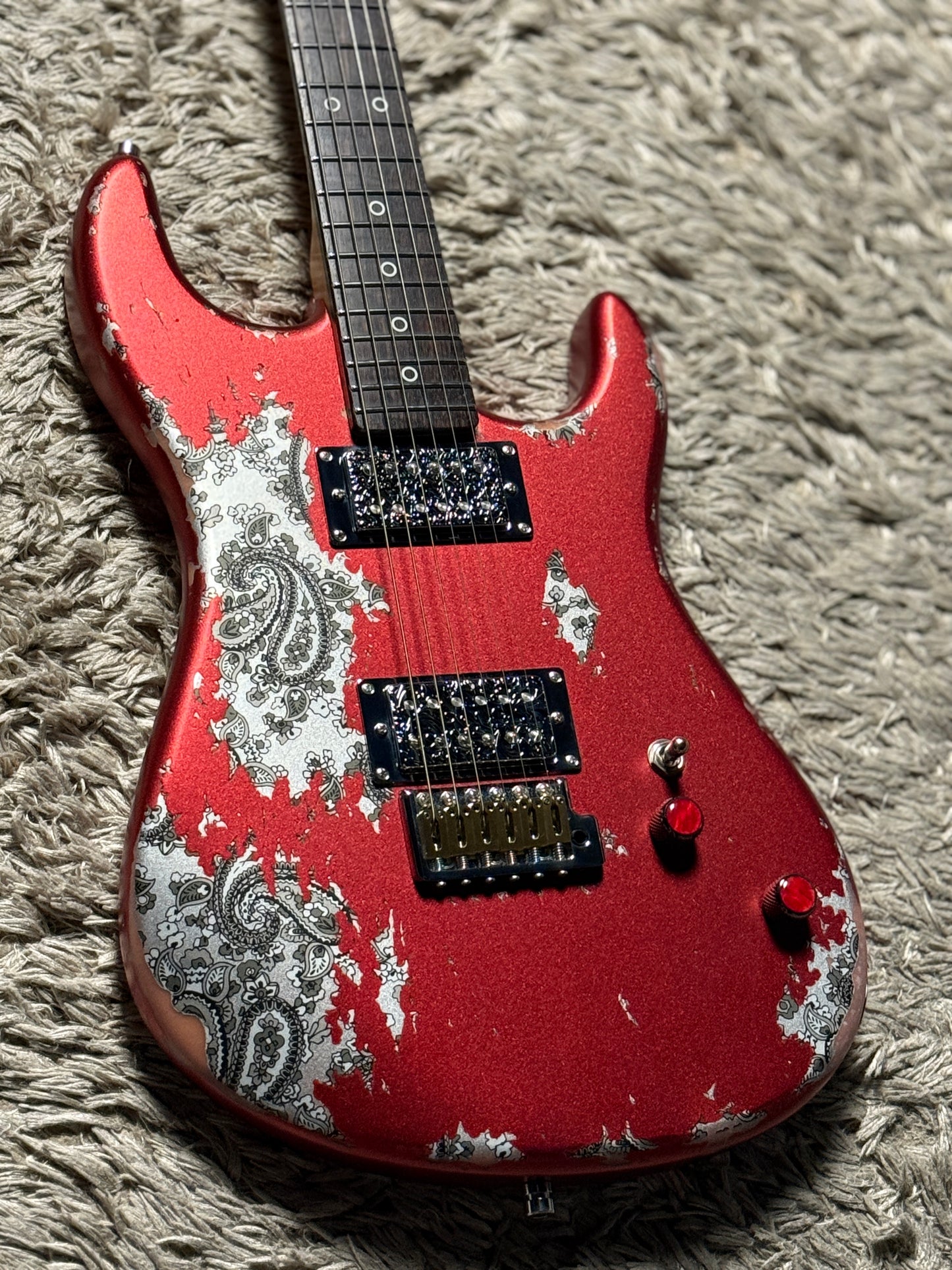 Dhatarattha Performance DST HH in Candy Apple Red over Black Paisley with RW FB and Nitrocellulose Lacquer Relic