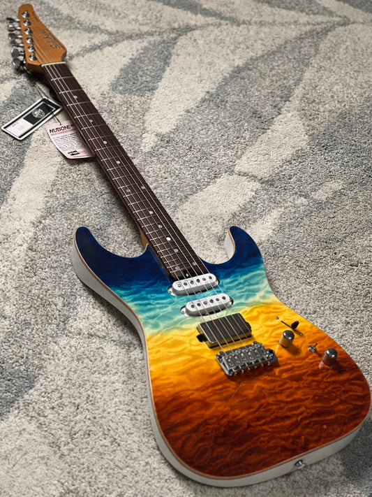 Soloking MS-1 Custom 24 HSS Quilt with Rosewood FB in Beach Sunset Surf Fade JESCAR