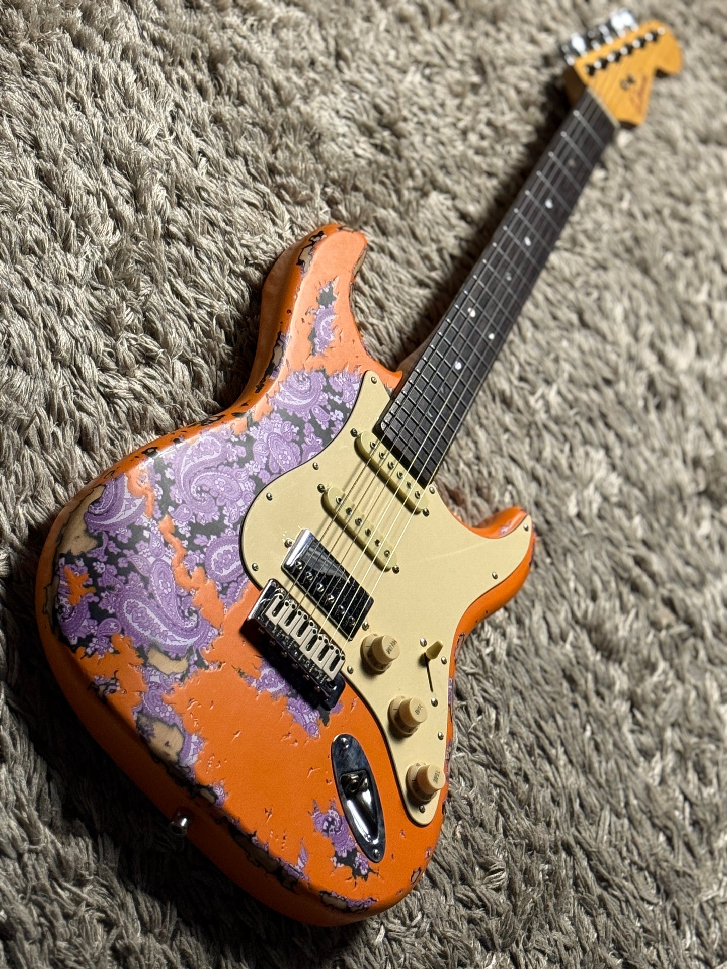 Dhatarattha Classic DST HSS in Capri Orange over Purple Paisley with Rosewood FB and Nitrocellulose Lacquer Relic