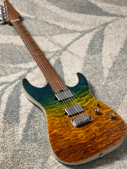 Soloking MS-1 Custom 24 HH Quilt FMN in Malibu Sunset Surf Fade White Back JESCAR with Fishman Fluence