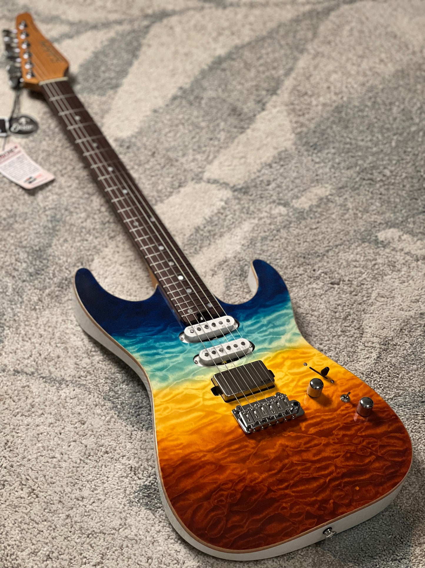 Soloking MS-1 Custom 24 HSS Quilt with Rosewood FB in Beach Sunset Surf Fade JESCAR