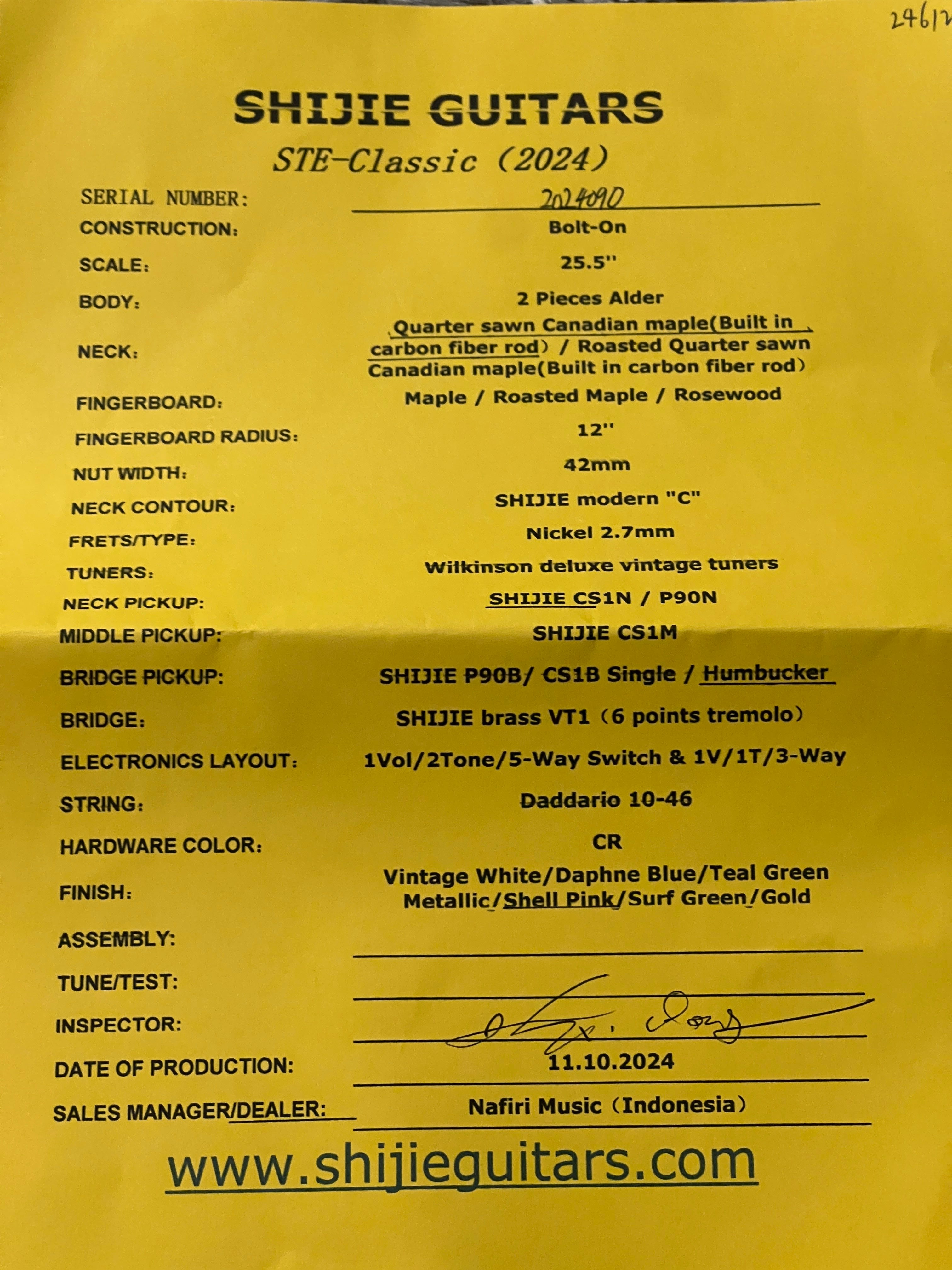 Shijie STE-CLASSIC HSS in Shell Pink with Maple FB 2024090