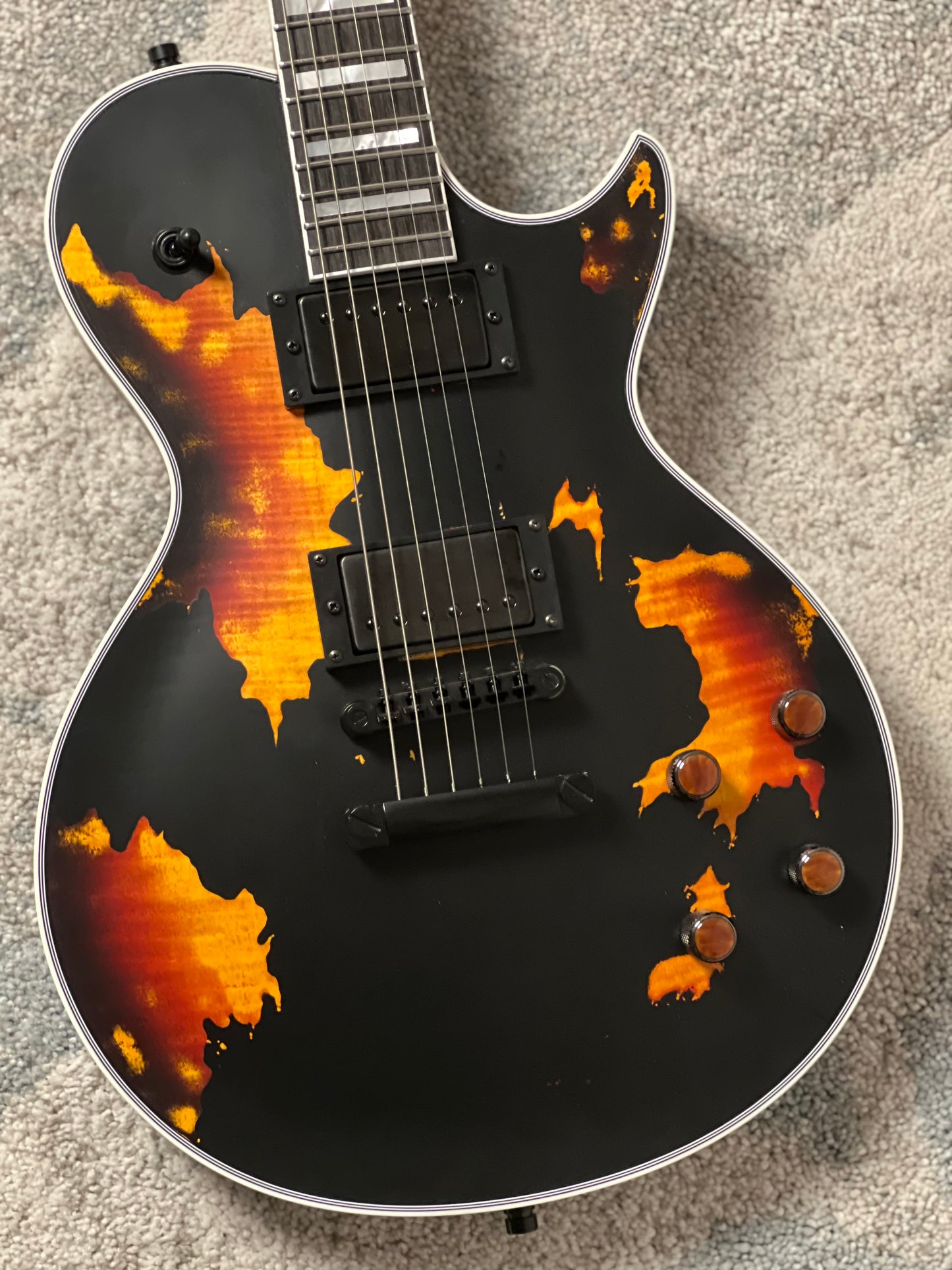 Dhatarattha Custom DLP in Black Over Triburst with 5A Flame Top Relic