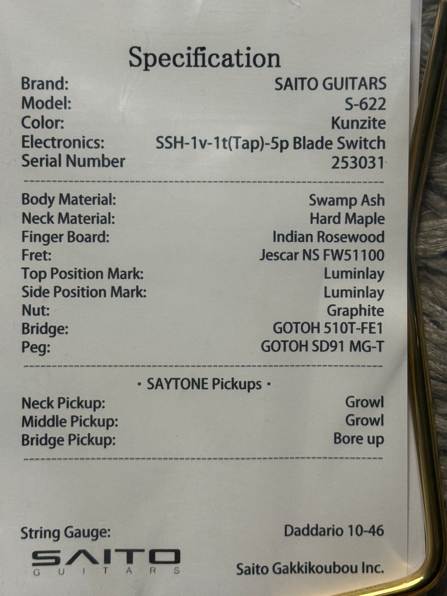 Saito S-622 SSH with Rosewood and Gold Hardware in Kunzite 253031