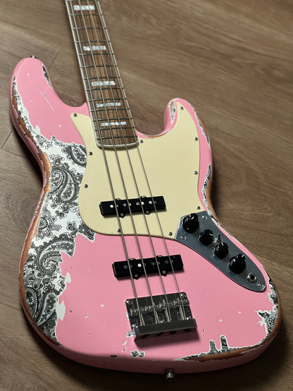 Dhatarattha Custom DEB 4 String Bass in Shell Pink Over Black Paisley with Nitrocellulose Lacquer Relic