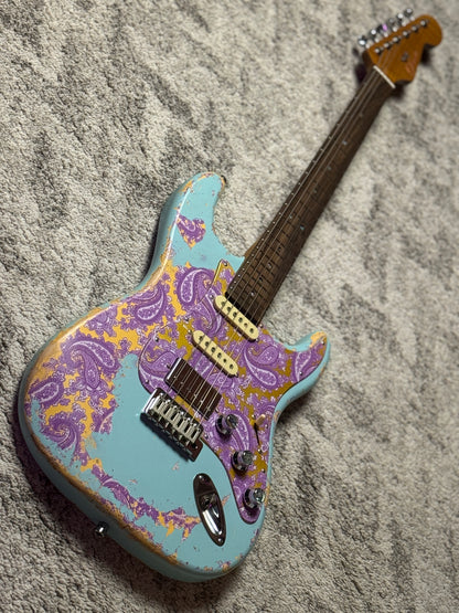 Dhatarattha Classic DST HSS in Daphne Blue over Purple Paisley with Rosewood FB and Nitrocellulose Lacquer Relic and Flame Neck