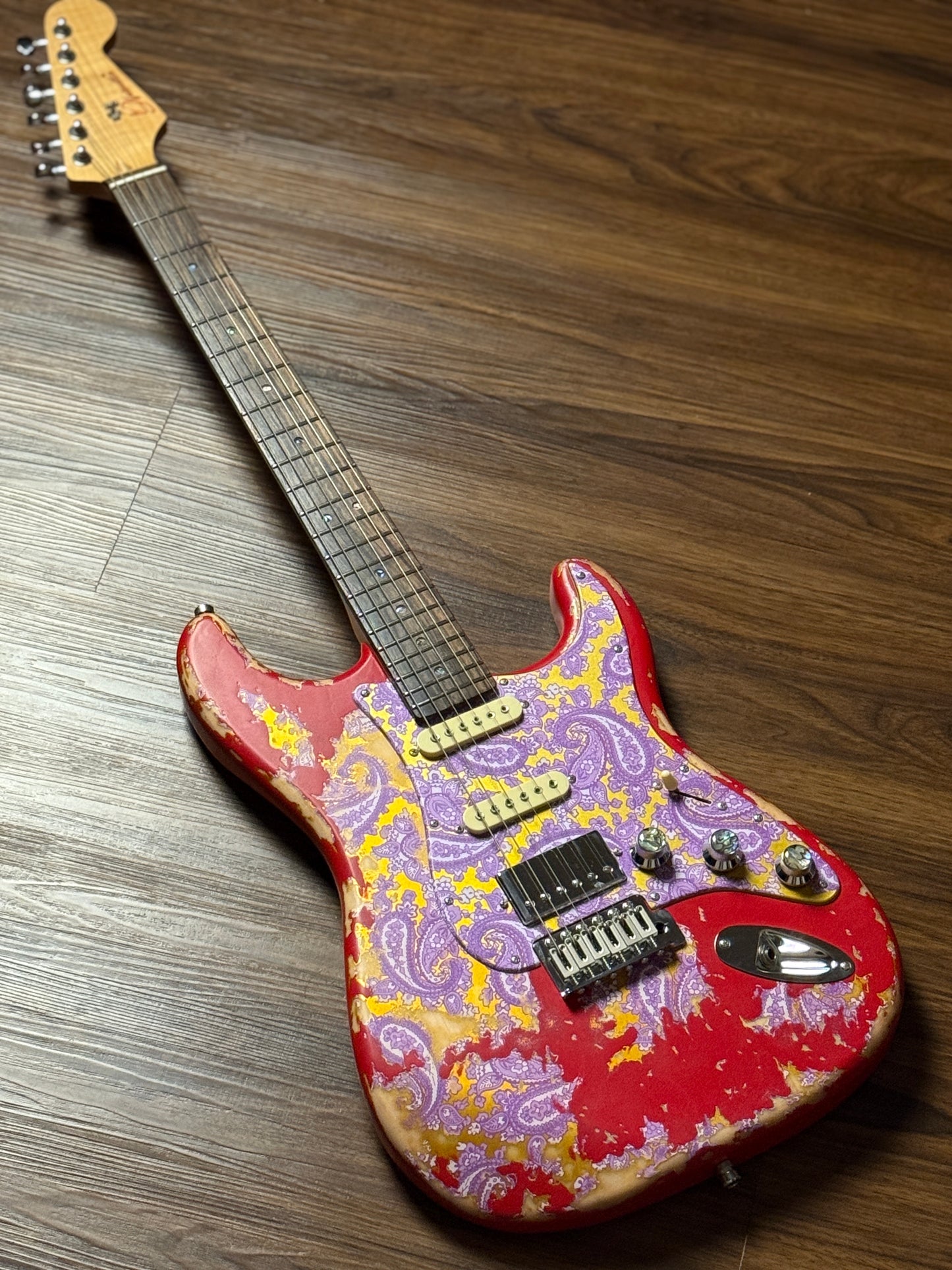 Dhatarattha Classic DST HSS in Candy Apple Red over Purple Paisley with Rosewood FB and Nitrocellulose Lacquer Relic