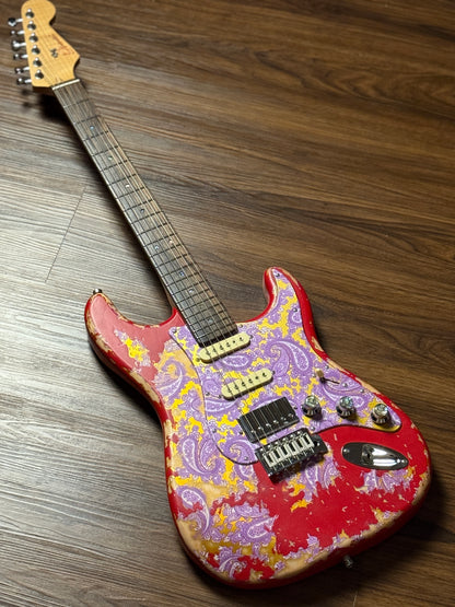 Dhatarattha Classic DST HSS in Candy Apple Red over Purple Paisley with Rosewood FB and Nitrocellulose Lacquer Relic