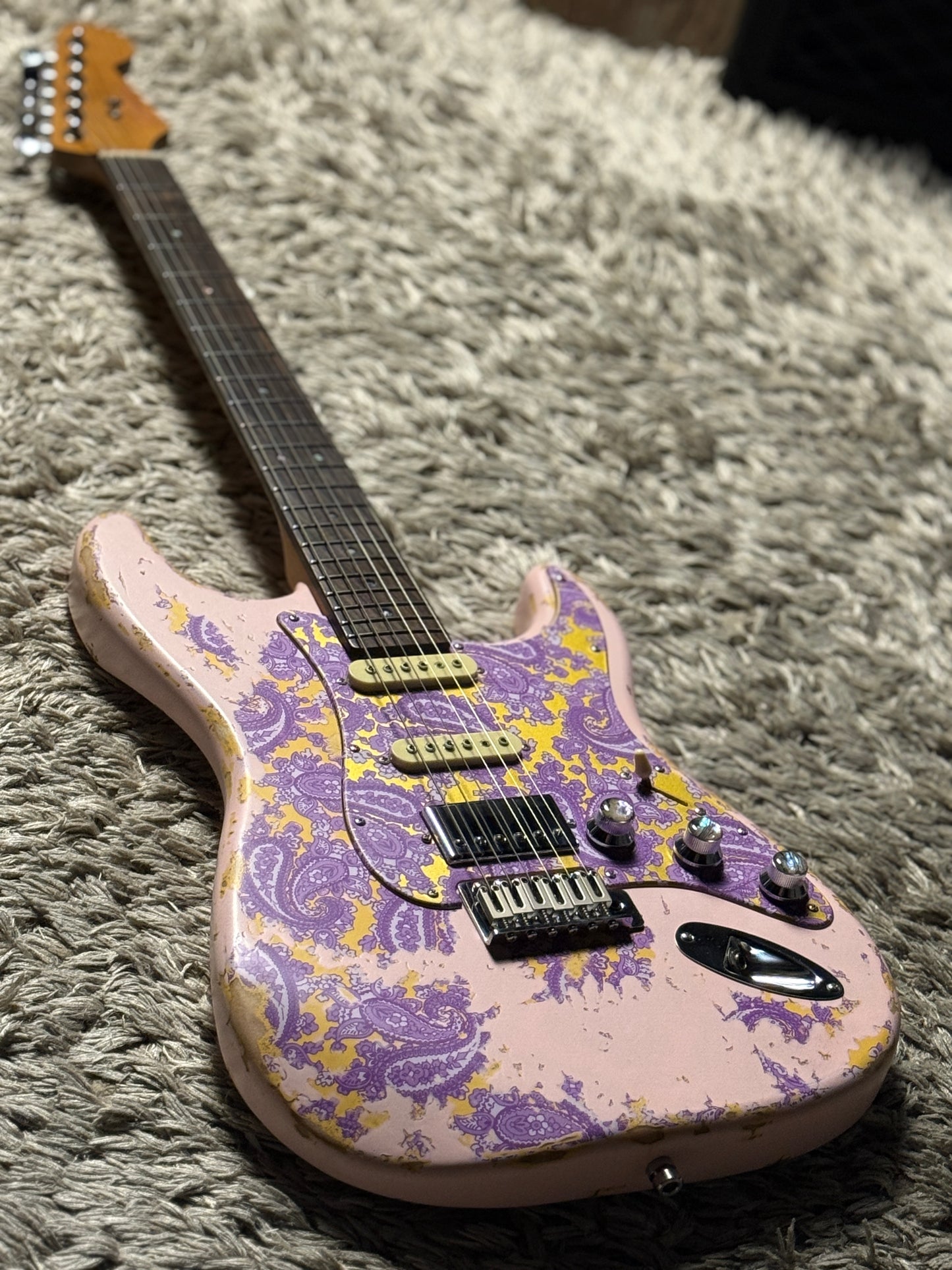 Dhatarattha Classic DST HSS in Faded Shell Pink over Purple Paisley with Rosewood FB and Nitrocellulose Lacquer Relic