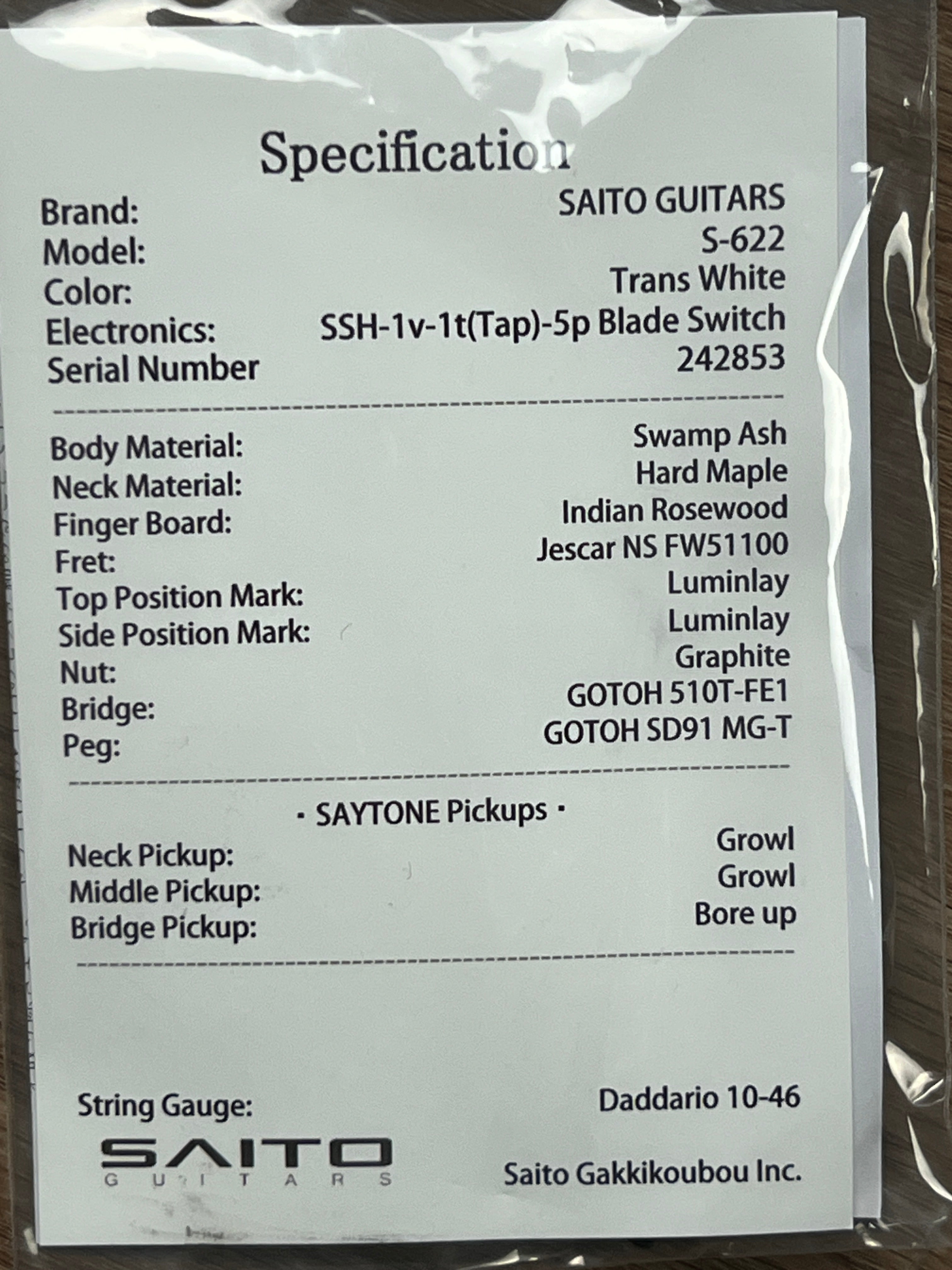 Saito S-622 SSH with Rosewood in Trans White 242853 – nafiriguitar.com