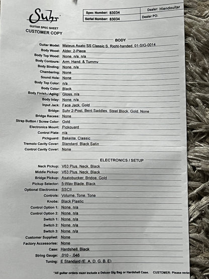 SUHR Mateus Asato Classic S in Black Gloss 83034