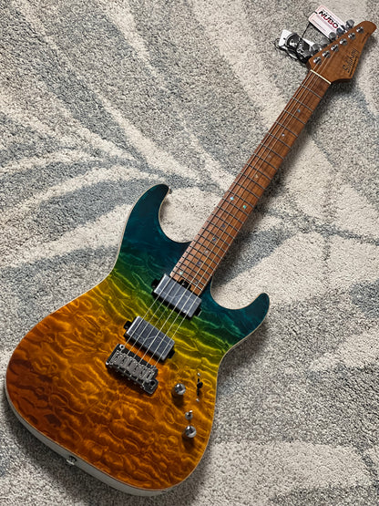 Soloking MS-1 Custom 24 HH Quilt FMN in Malibu Sunset Surf Fade White Back JESCAR with Fishman Fluence