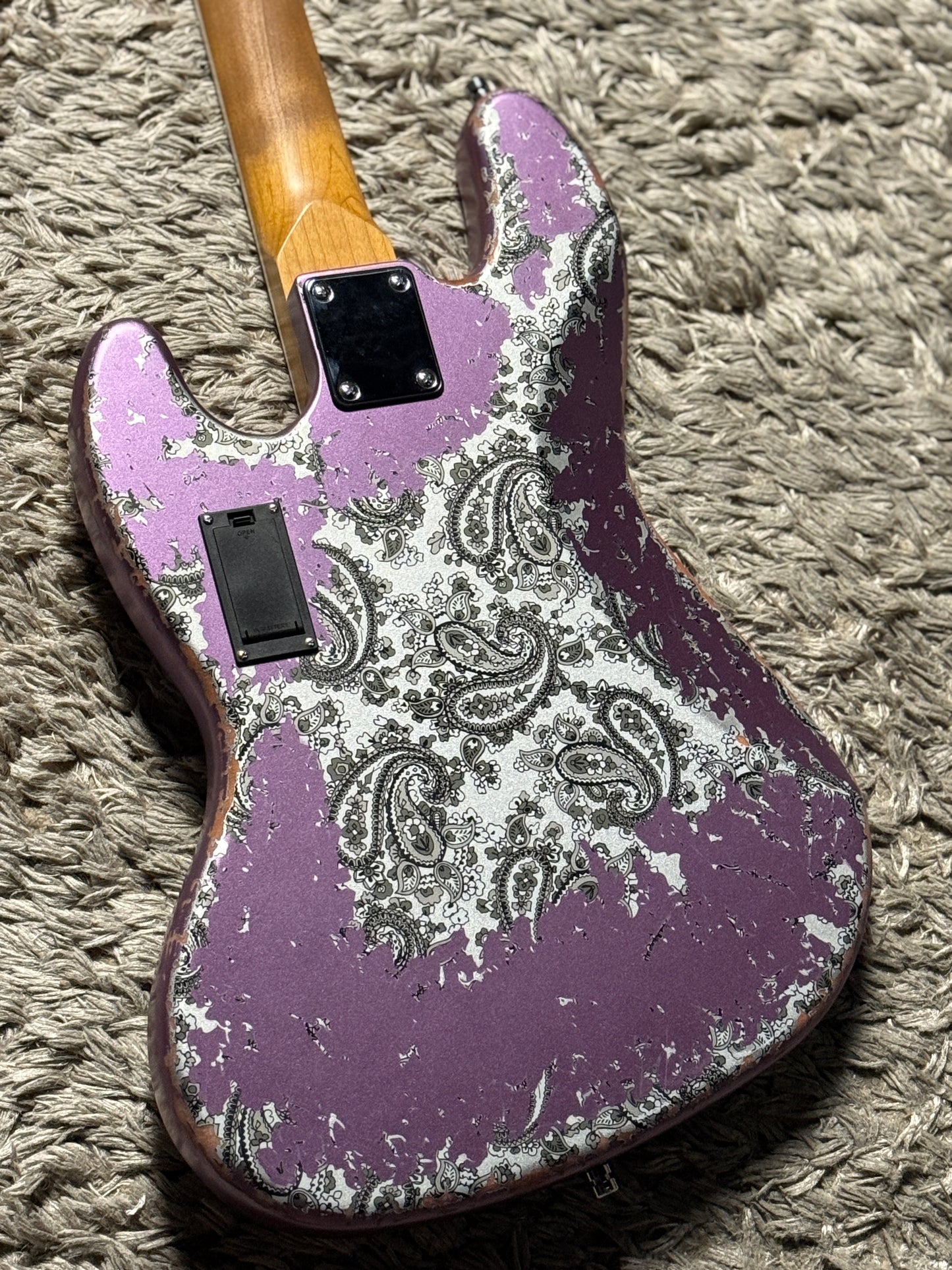 Dhatarattha Custom DEB 4 String Bass in Violet Purple over Black Paisley with RW FB with Nitrocellulose Lacquer Relic