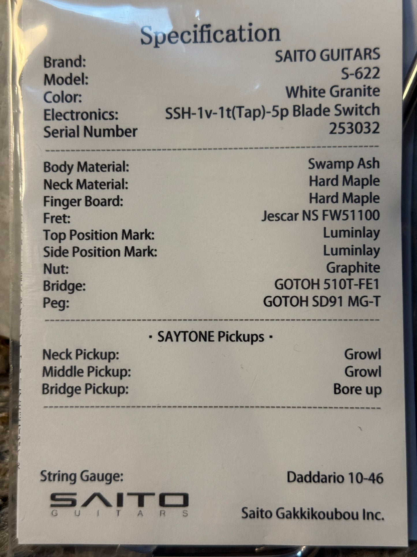 Saito S-622 SSH with Maple in White Granite 253032