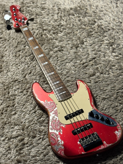 Dhatarattha Custom DEB 5 String Bass in Candy Apple Red over Pink Paisley with RW FB and Nitrocellulose Lacquer Relic