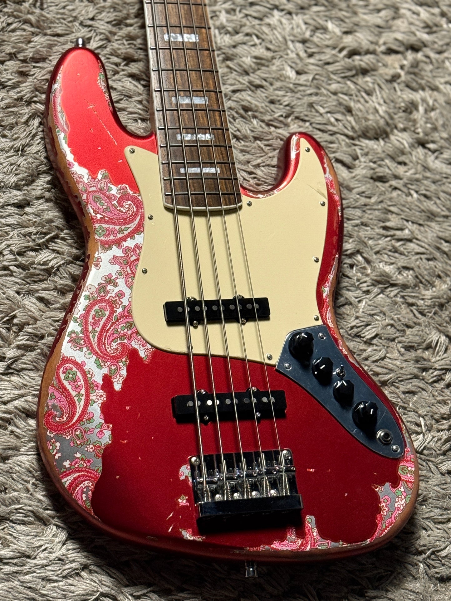 Dhatarattha Custom DEB 5 String Bass in Candy Apple Red over Pink Paisley with RW FB and Nitrocellulose Lacquer Relic