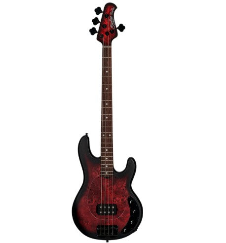 Sterling by Music Man Ray34 Poplar Burl Top 4-String Bass in Dark Scarlet Burst Satin