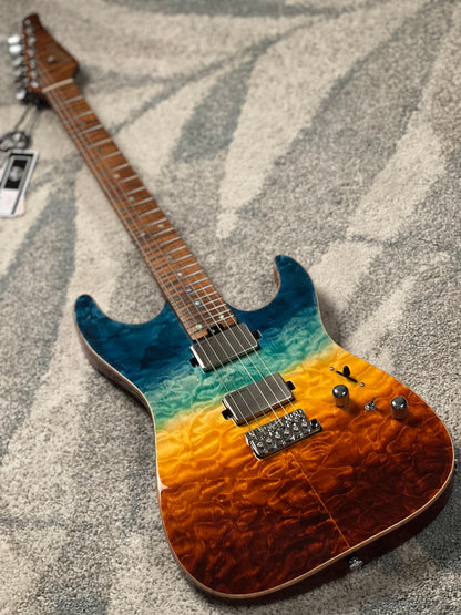 Soloking MS-1 Custom 24 HH Quilt Top FMN VT Roasted Flame Maple Neck in Beach Sunset Surf Fade JESCAR