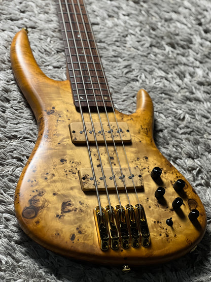 Soloking SWB550 Artisan Bass 5 String with Poplar Burl Top in Natural Amber Burst