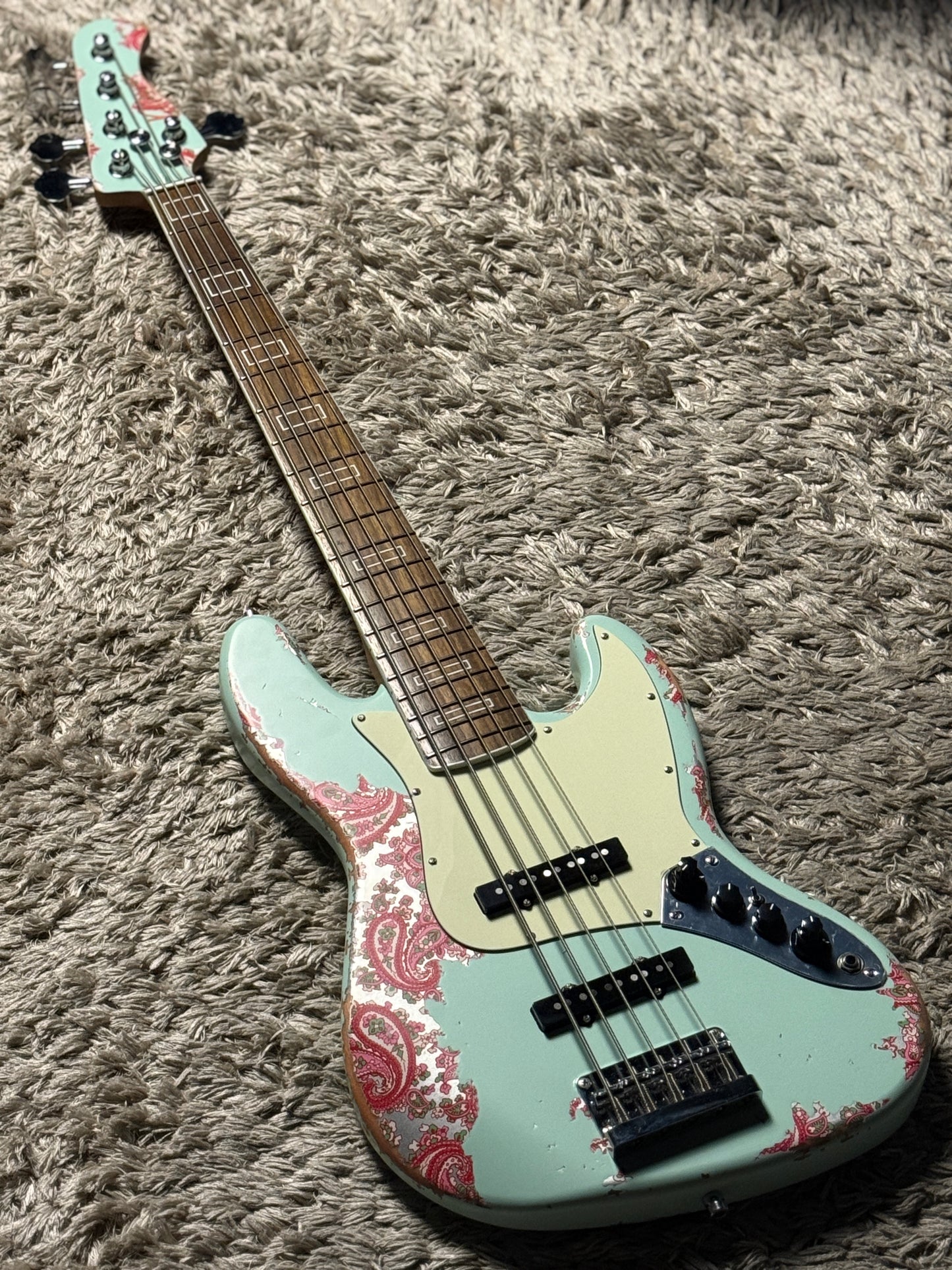 Dhatarattha Custom DEB 5 String Bass in Surf Green over Pink Paisley with RW FB and Nitrocellulose Lacquer Relic