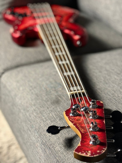 Dhatarattha Custom DEB 5 String Bass in Pink Paisley with RW FB and Nitrocellulose Lacquer Relic