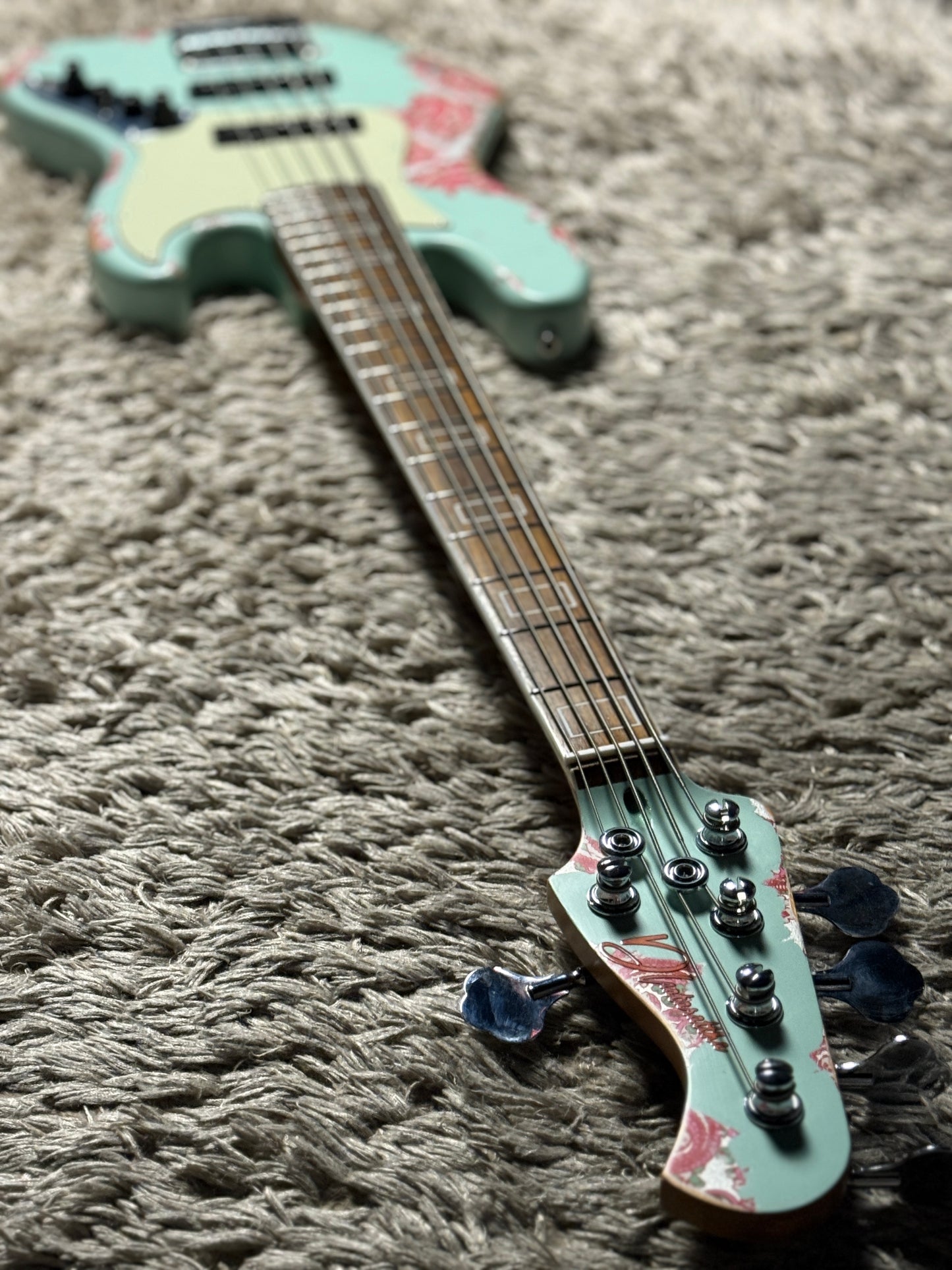 Dhatarattha Custom DEB 5 String Bass in Surf Green over Pink Paisley with RW FB and Nitrocellulose Lacquer Relic