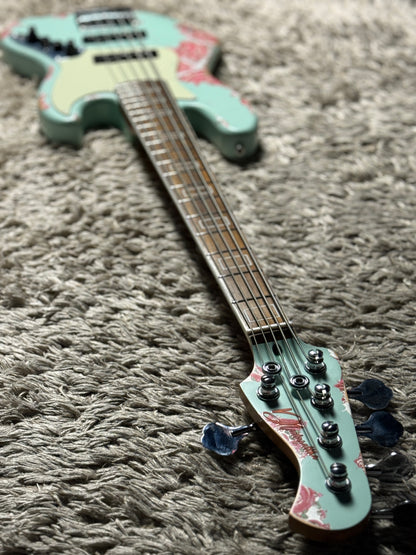 Dhatarattha Custom DEB 5 String Bass in Surf Green over Pink Paisley with RW FB and Nitrocellulose Lacquer Relic