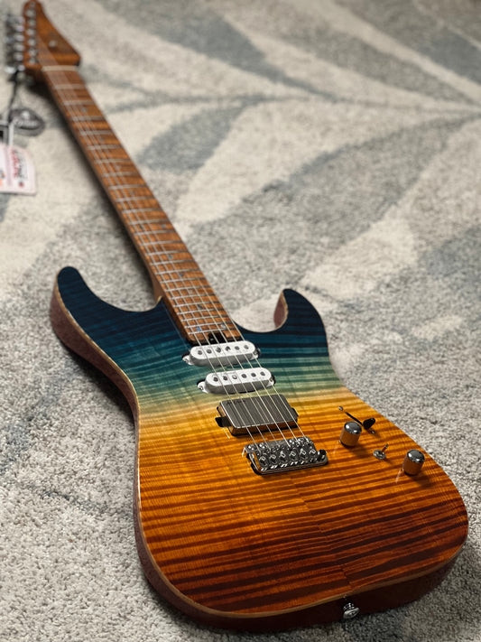 Soloking MS-1 Custom 24 HSS FMN VT with Roasted Flame Maple Neck in Beach Sunset Surf Fade JESCAR