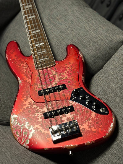 Dhatarattha Custom DEB 5 String Bass in Pink Paisley with RW FB and Nitrocellulose Lacquer Relic