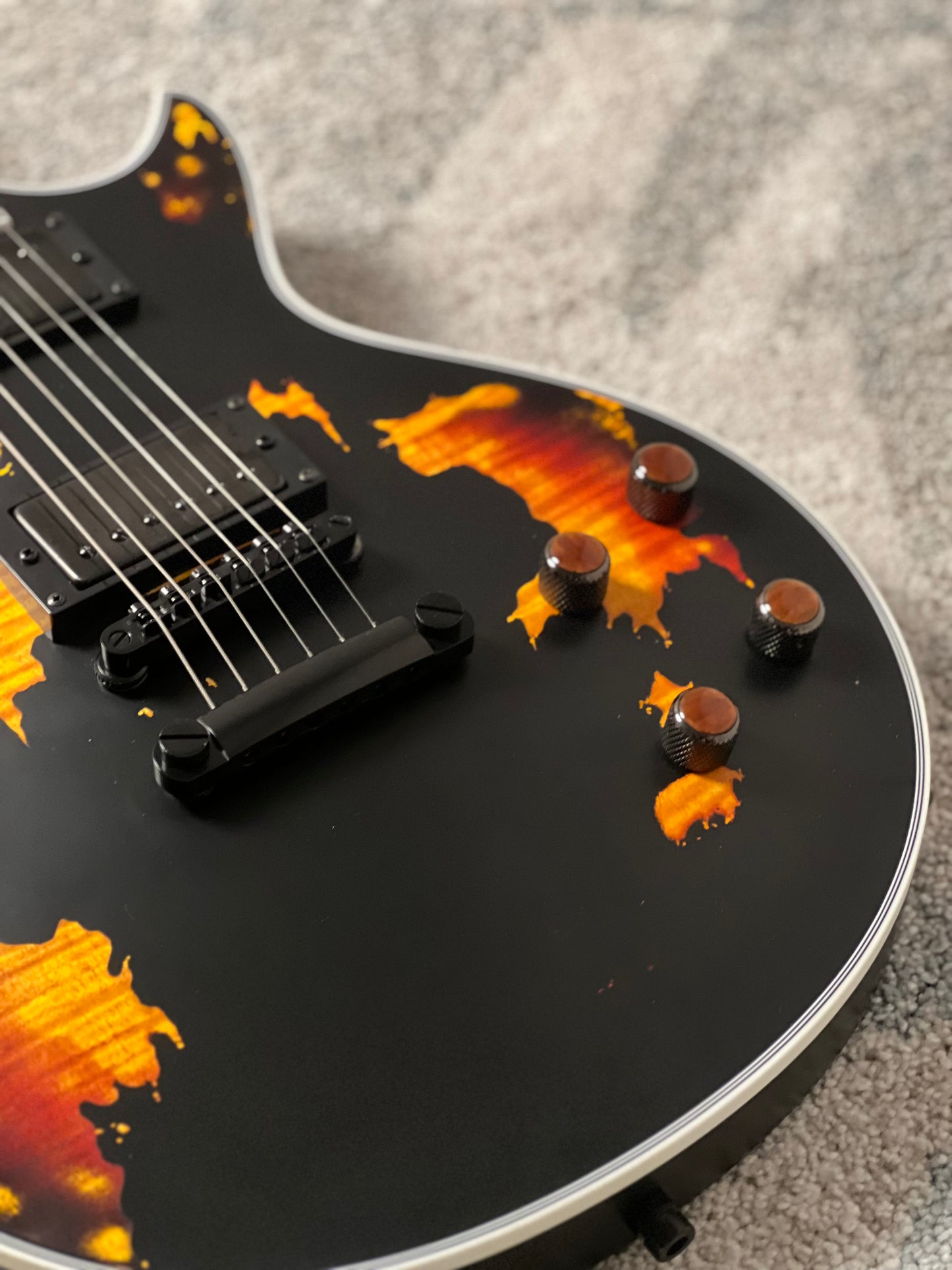 Dhatarattha Custom DLP in Black Over Triburst with 5A Flame Top Relic