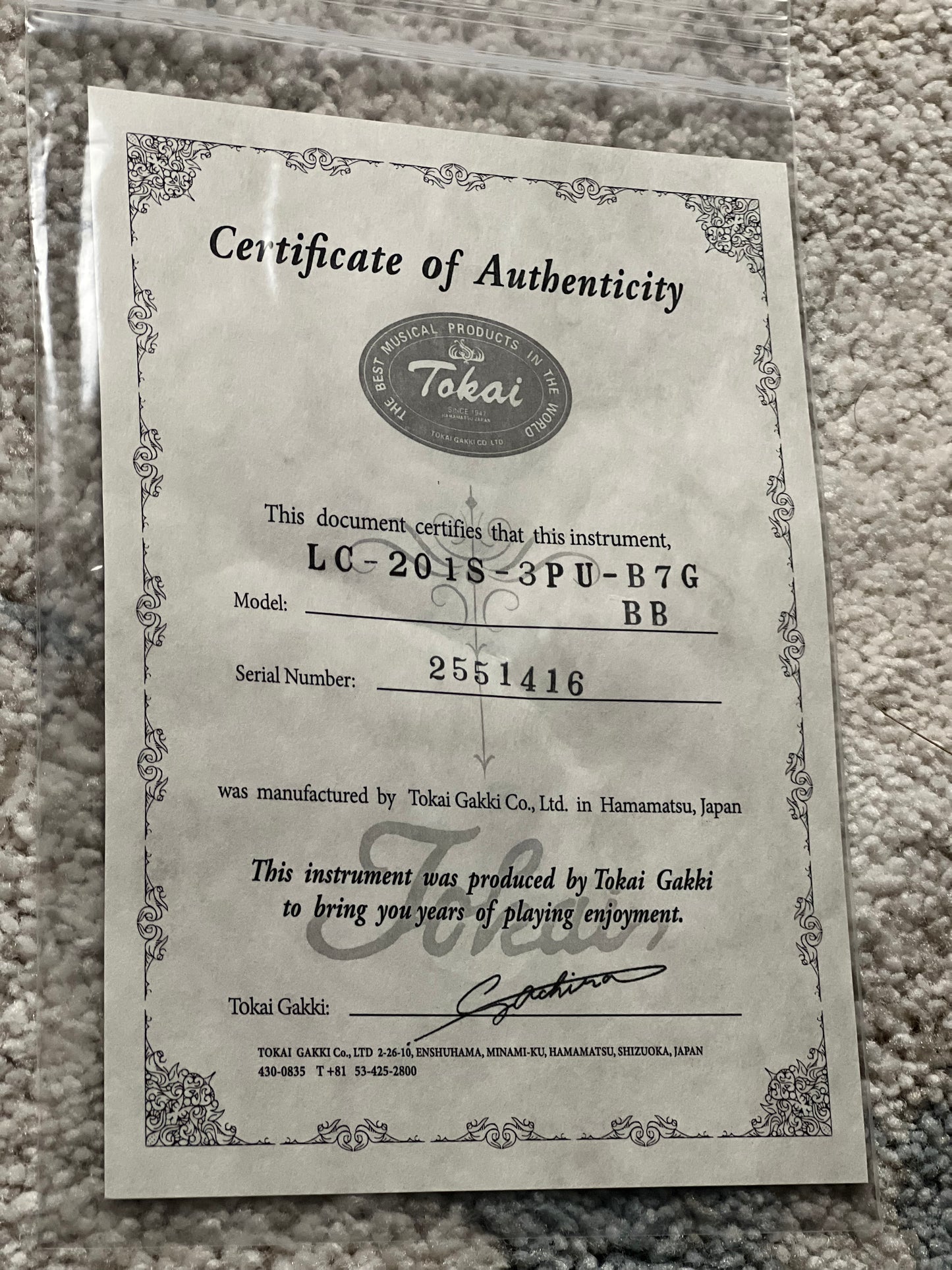 Tokai Love Rock Japan LC-201S-3PU-B7G BB in Black Custom Shop Series 2551416