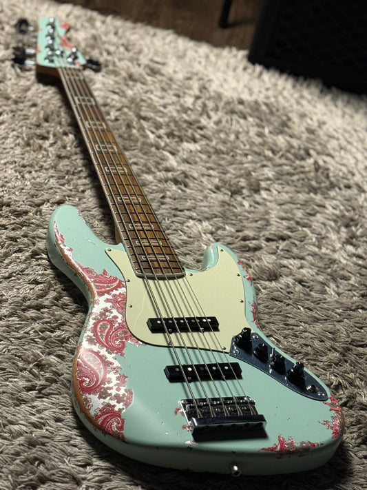 Dhatarattha Custom DEB 5 String Bass in Surf Green over Pink Paisley with RW FB and Nitrocellulose Lacquer Relic