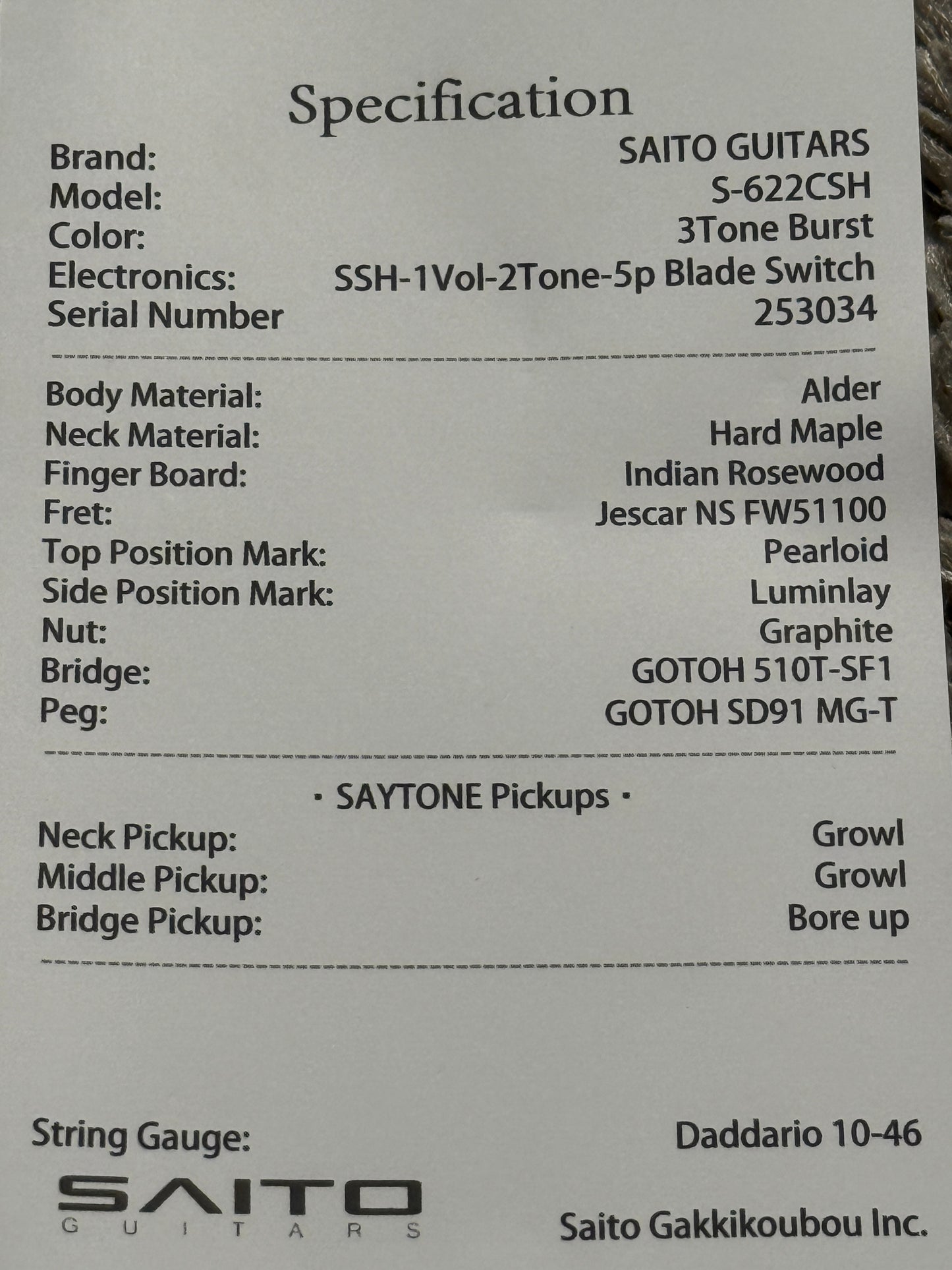 Saito S-622CS SSH Heritage with Rosewood in 3-Tone Sunburst with Tortoise PG 253034