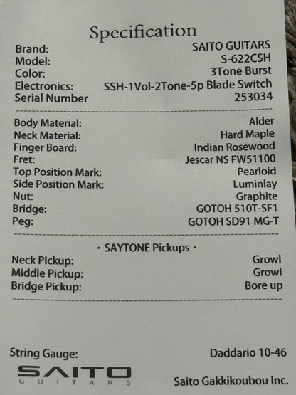 Saito S-622CS SSH Heritage with Rosewood in 3-Tone Sunburst with Tortoise PG 253034