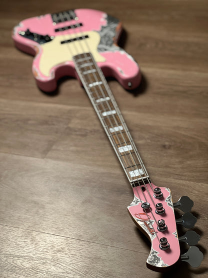 Dhatarattha Custom DEB 4 String Bass in Shell Pink Over Black Paisley with Nitrocellulose Lacquer Relic