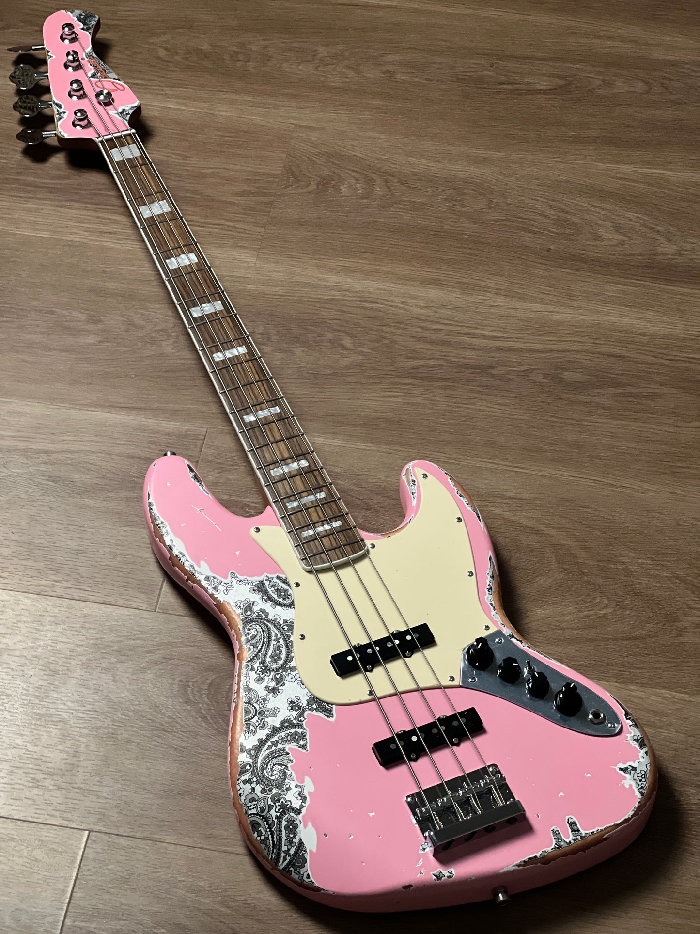 Dhatarattha Custom DEB 4 String Bass in Shell Pink Over Black Paisley with Nitrocellulose Lacquer Relic